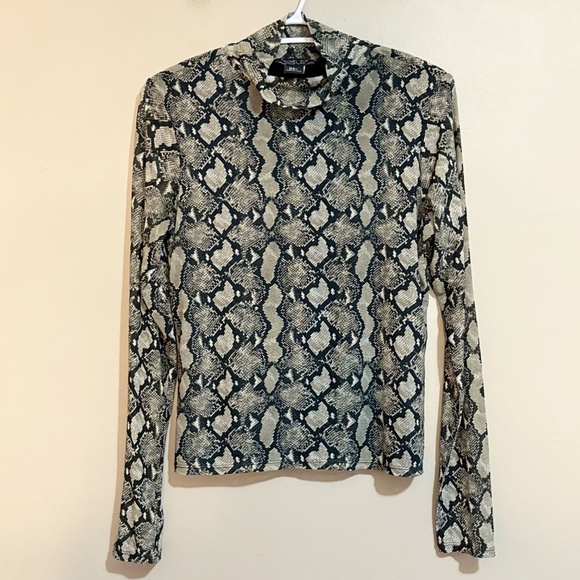 Rachel Zoe Mesh Snake Skin Print Turtleneck w Sheer Long Sleeves - Picture 2 of 12